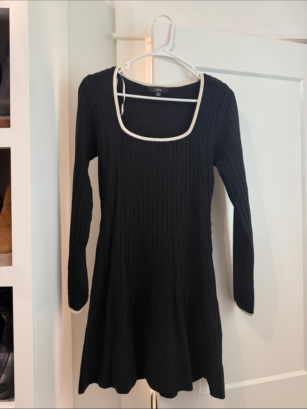 Lulu's Black Ribbed Long-Sleeve Dress with Cream Trim